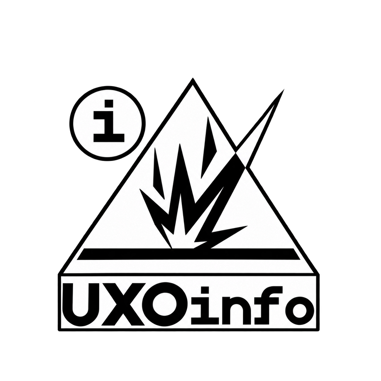 UXO.ECO awareness symbol: an information mark and stylised explosion within a triangular hazard sign
